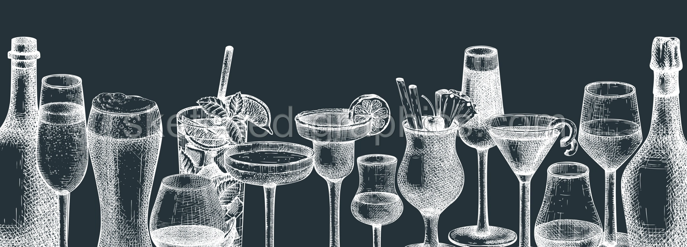 Vector bar design with hand-sketched alcoholic drinks illustration. Vintage bottles and glasses sketch background. Alcoholic beverages retro banner template isolated on chalkboard. Illustration